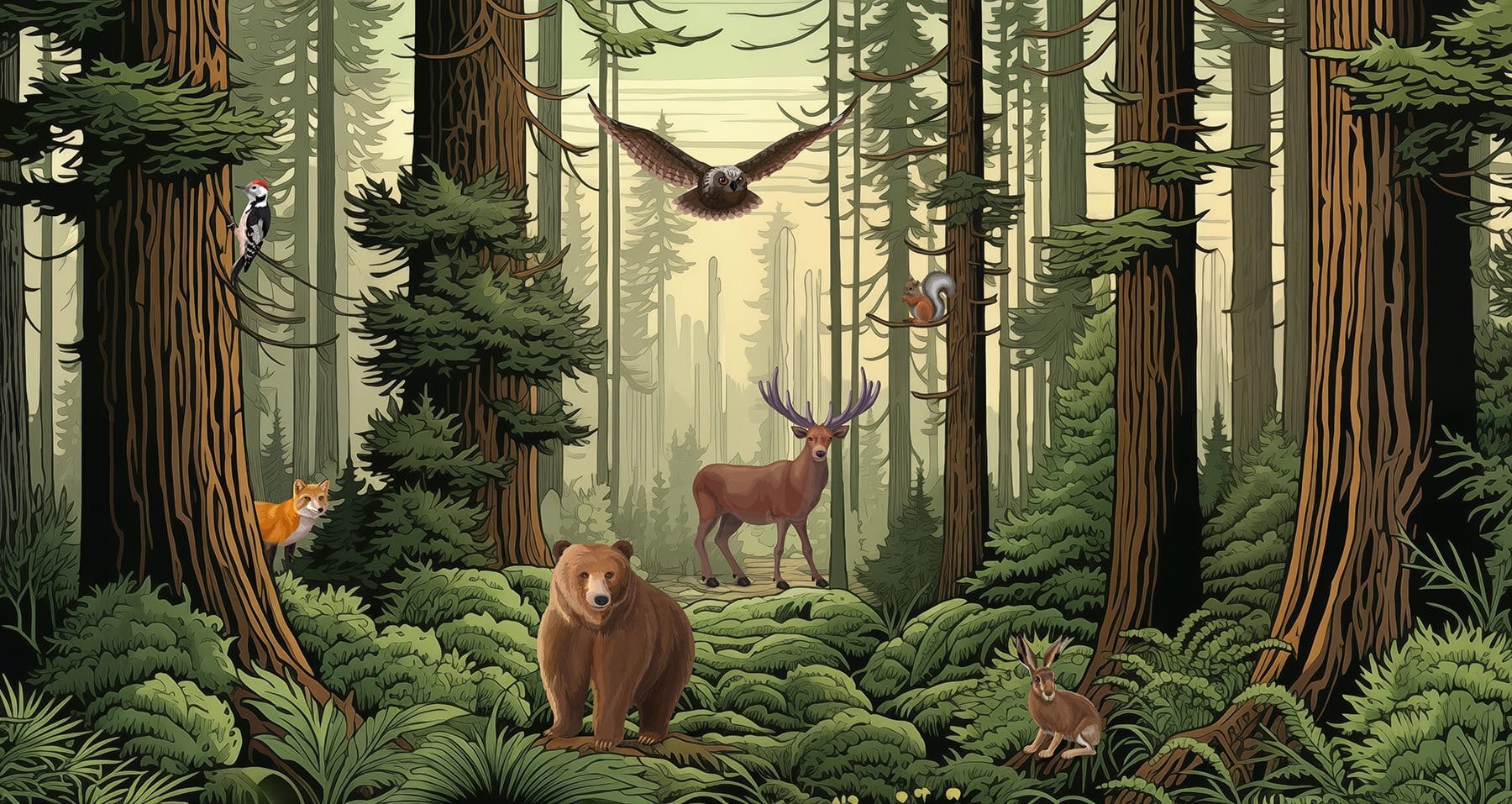 Forest with animals and birds