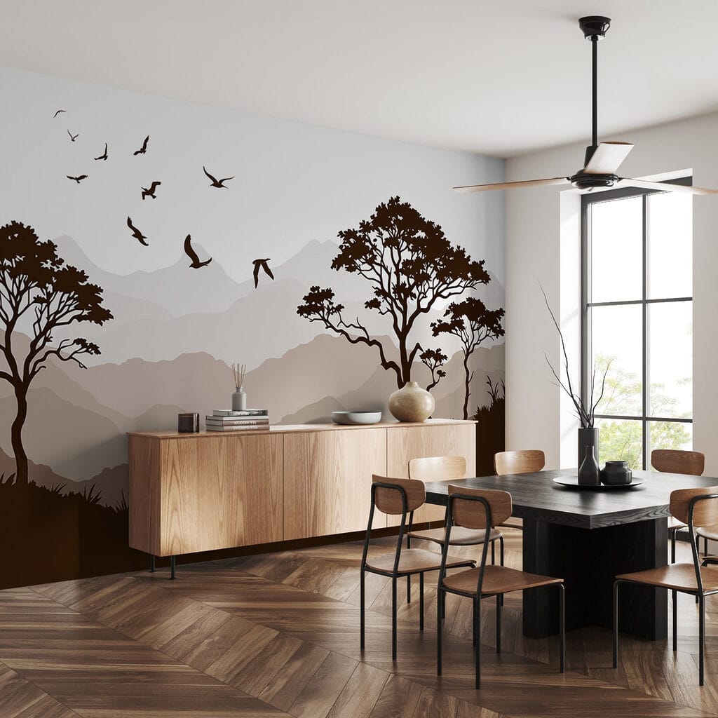 Birds flying over a mountain range