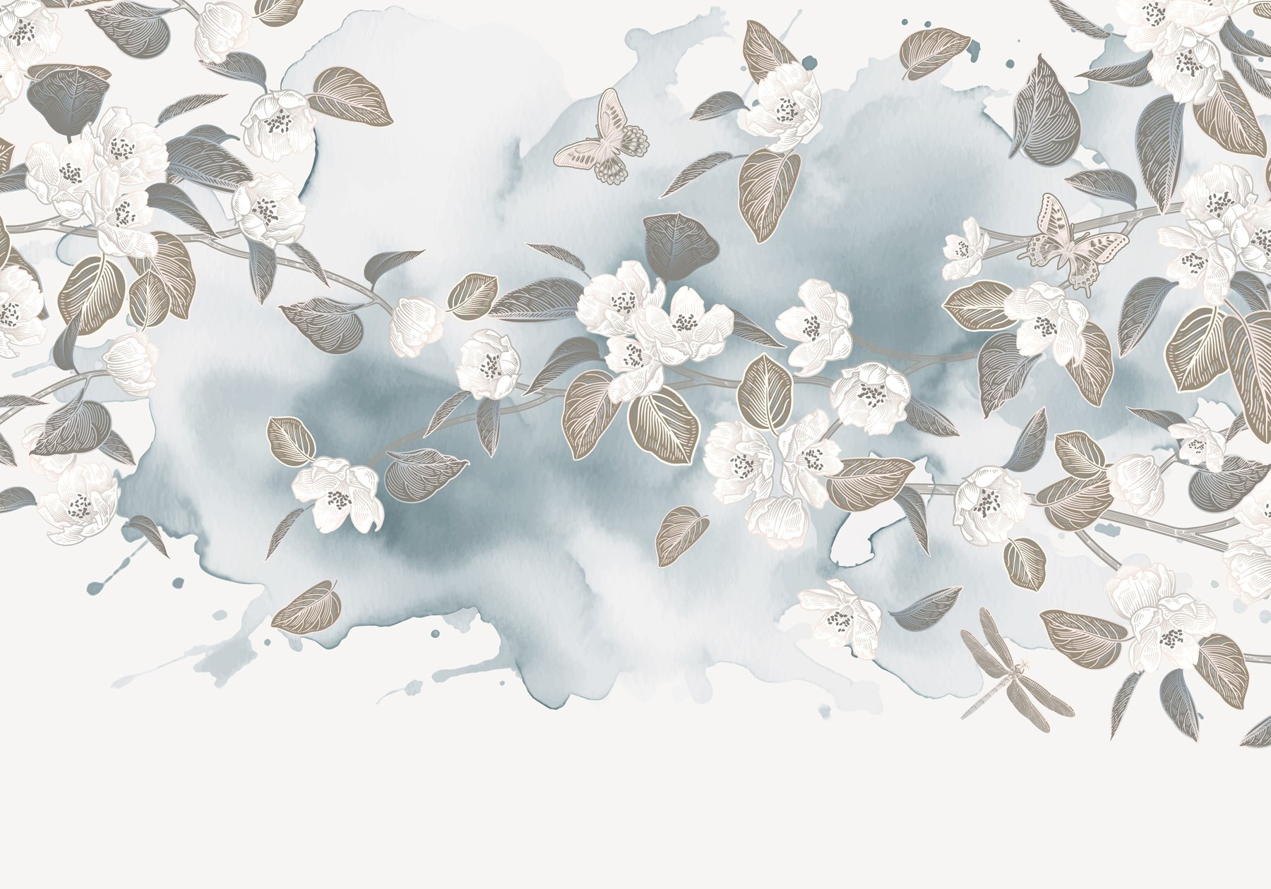 White flowers and leaves on a blue background White flowers and leaves on a blue background