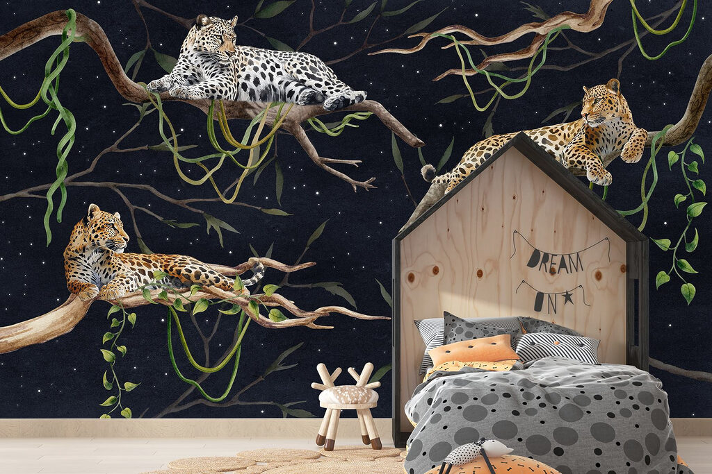 Group of leopards lying on branches Group of leopards lying on branches