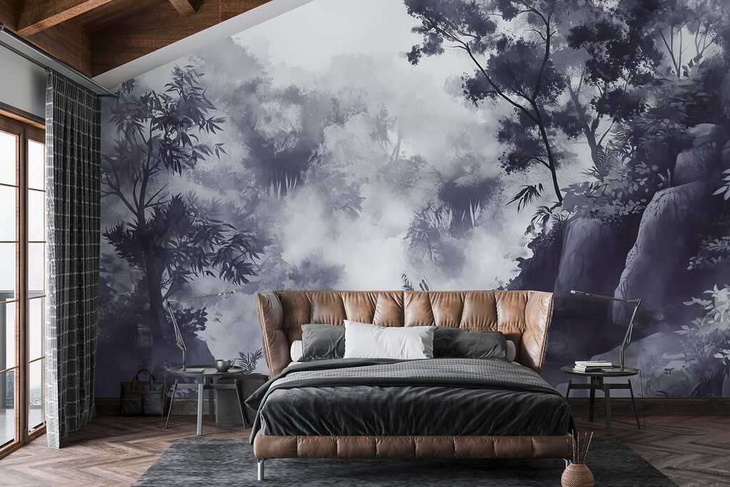 Foggy forest with trees and rocks