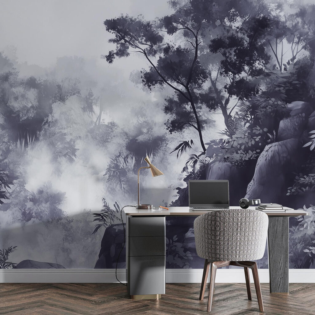 Foggy forest with trees and rocks