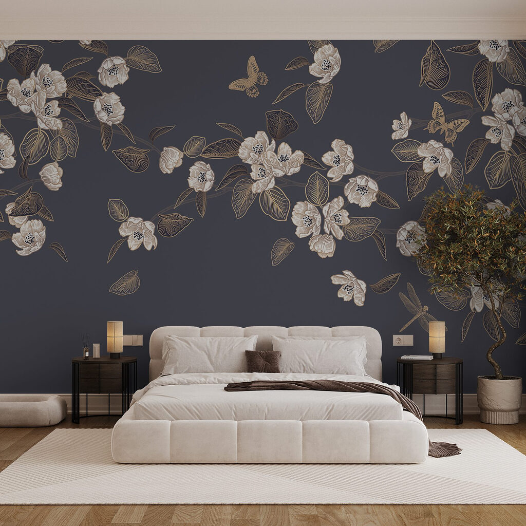 White flowers and leaves on a gray background