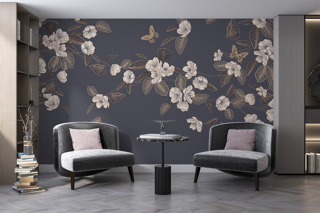 White flowers and leaves on a gray background