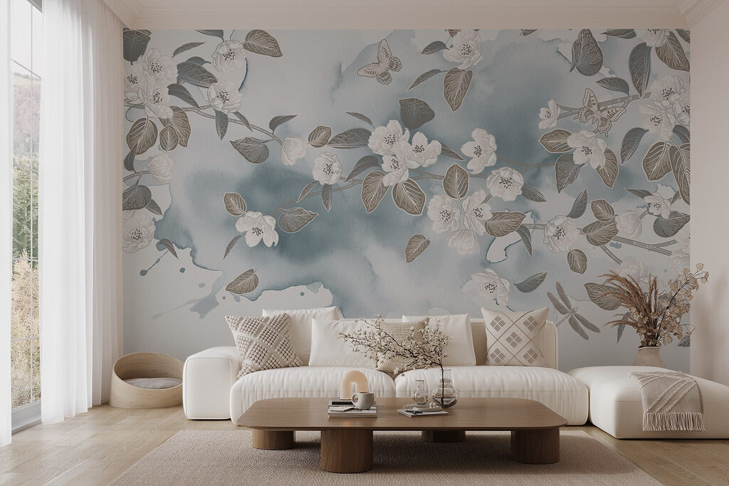 White flowers and leaves on a blue background White flowers and leaves on a blue background