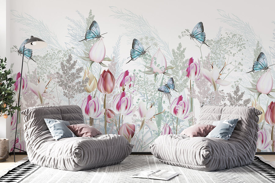 Fluttering butterflies among blooming flowers. Fluttering butterflies among blooming flowers.