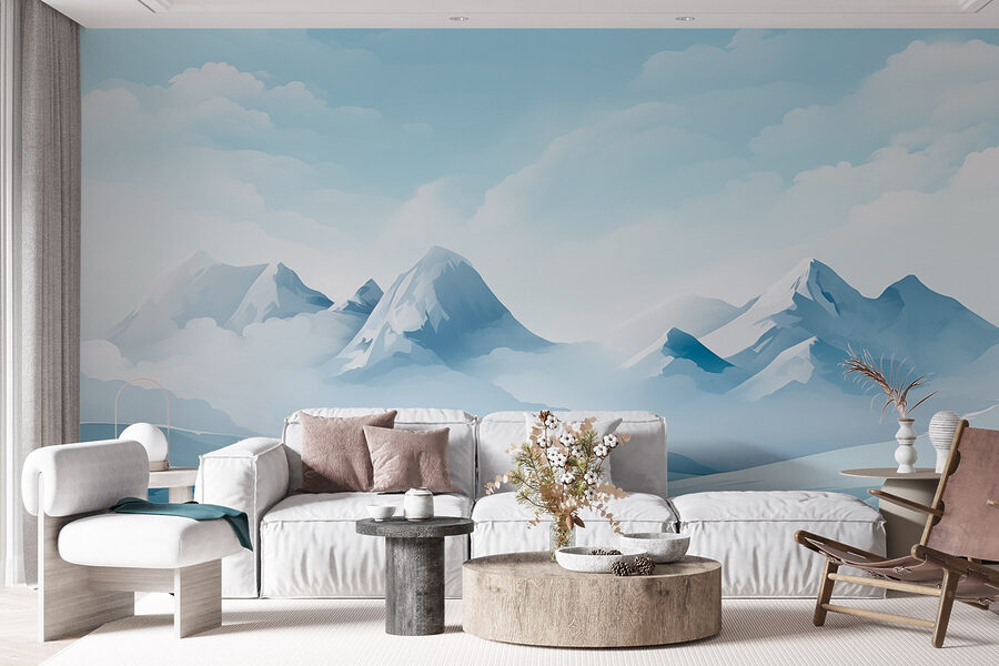 Snowy mountain range with clouds