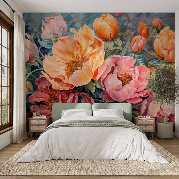 Wall murals Painting of flowers on a blue background (SKU: w08817) Wall murals Wall murals Painting of flowers on a blue background (SKU: w08817)