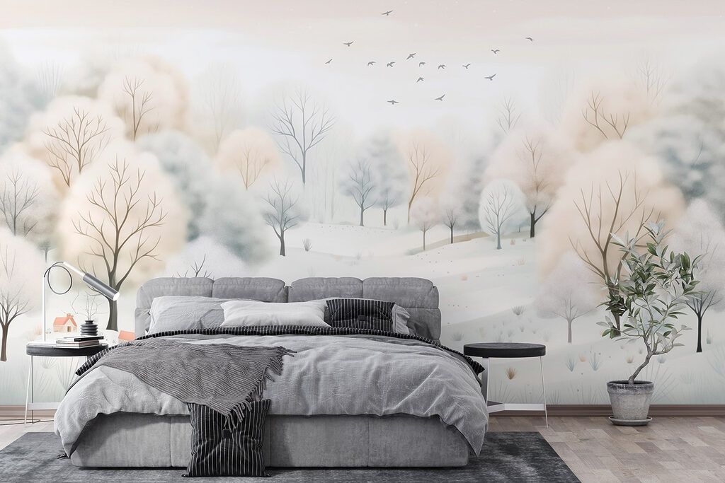 Snowy landscape with trees and birds