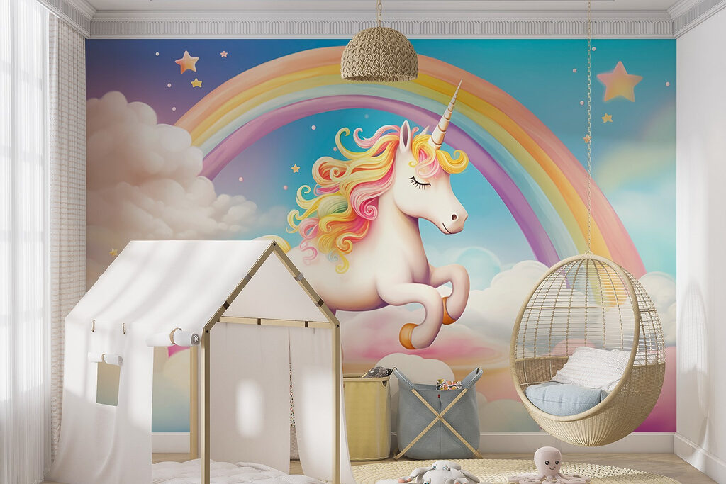 Unicorn with rainbow and clouds