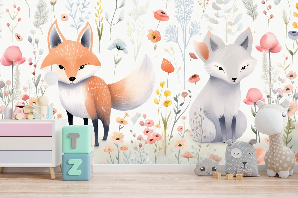 Couple of foxes in a flower garden Couple of foxes in a flower garden