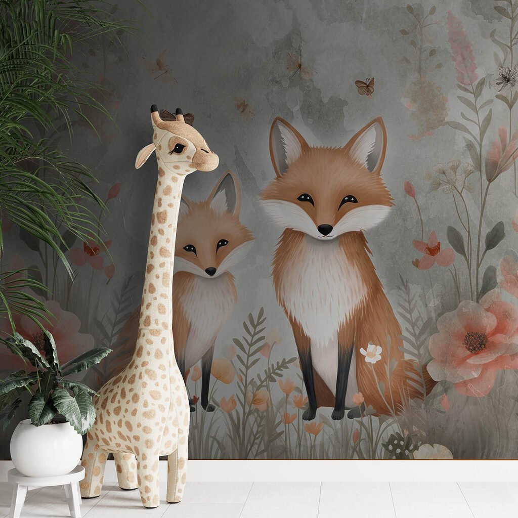 Two foxes in a field of flowers