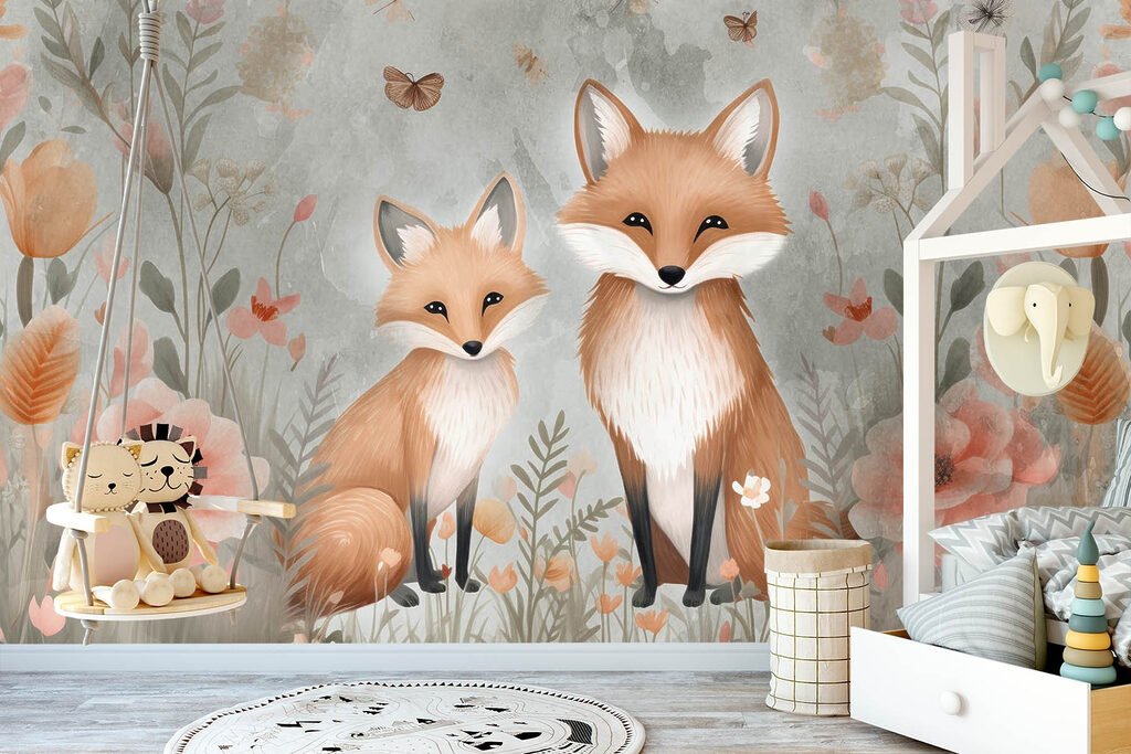 Two foxes in a field of flowers