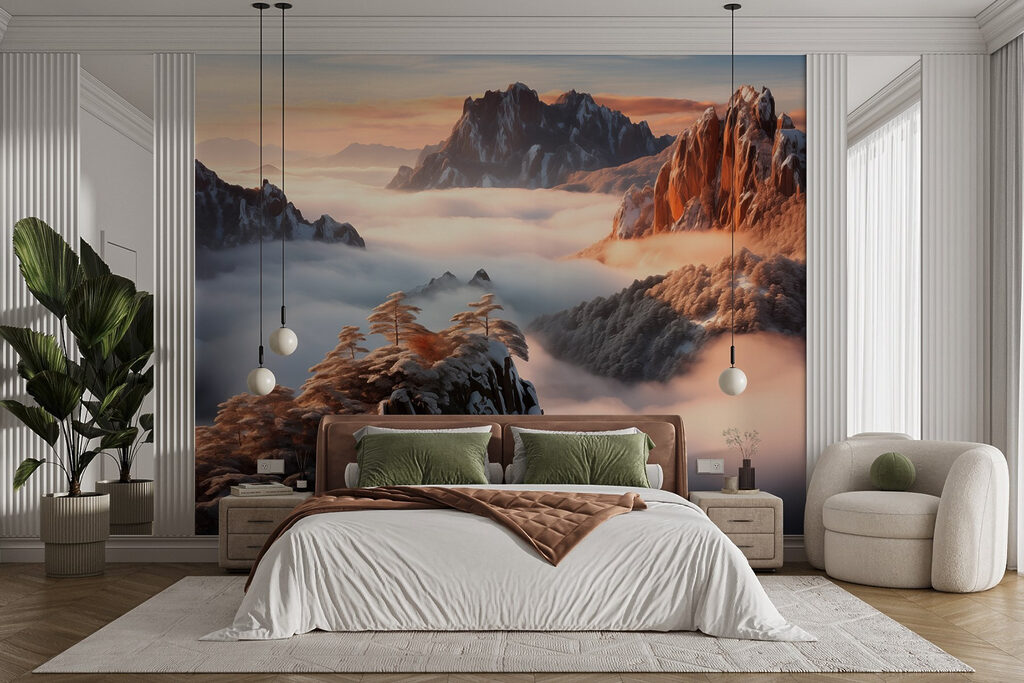 Mountain range with snow and clouds