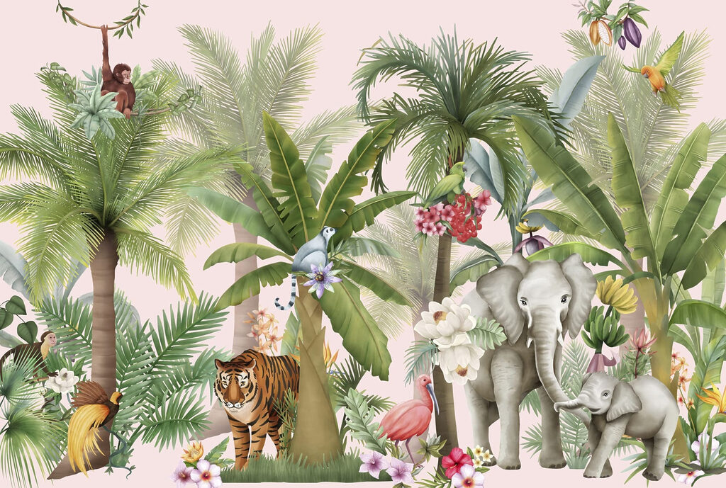 Wallpaper with animals and trees