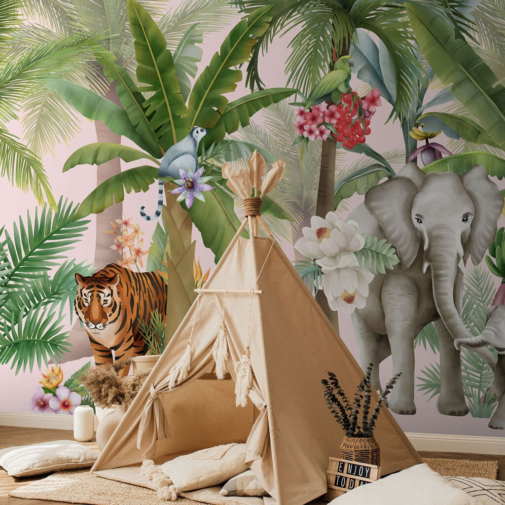 Wallpaper with animals and trees