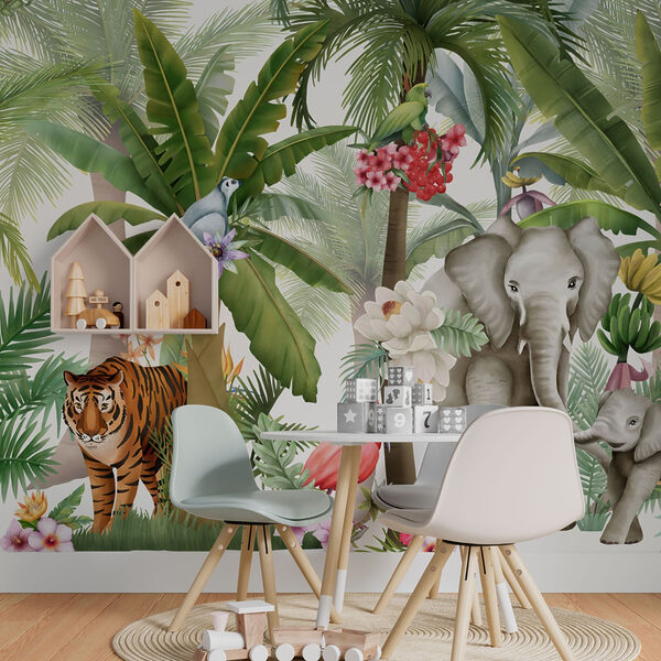 Wallpaper with animals and birds in the jungle Wallpaper with animals and birds in the jungle