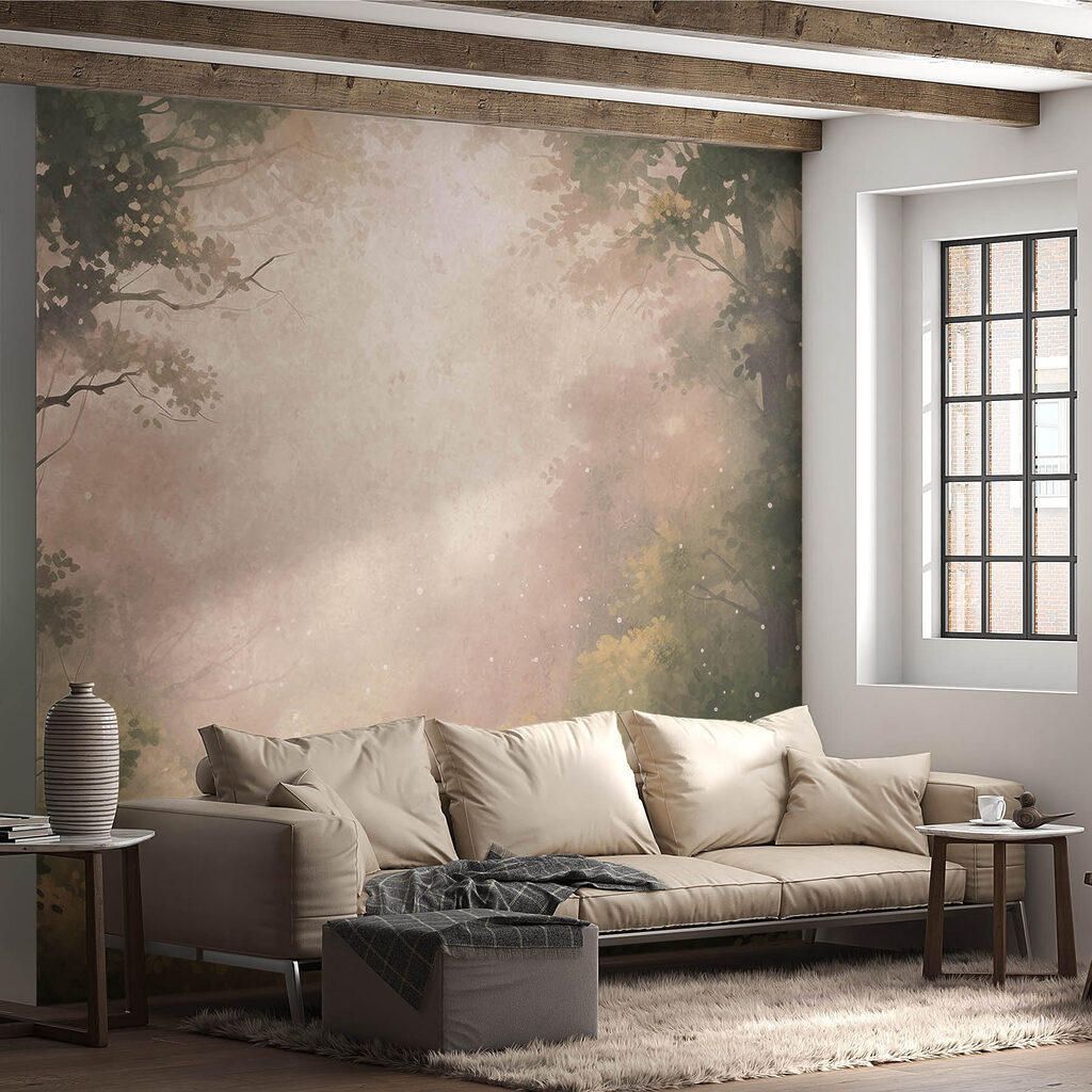 Foggy forest with trees and plants