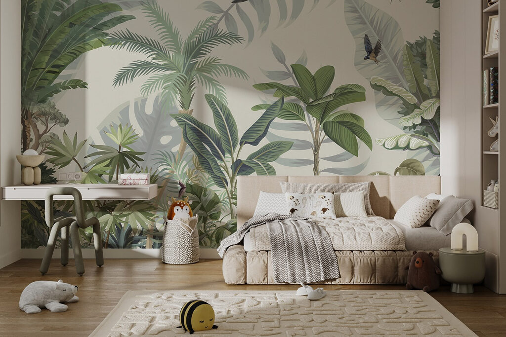 Wallpaper with tropical plants and birds
