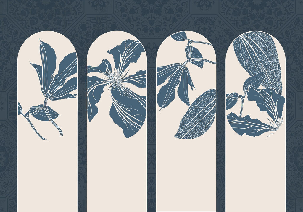 Group of white and blue floral designs