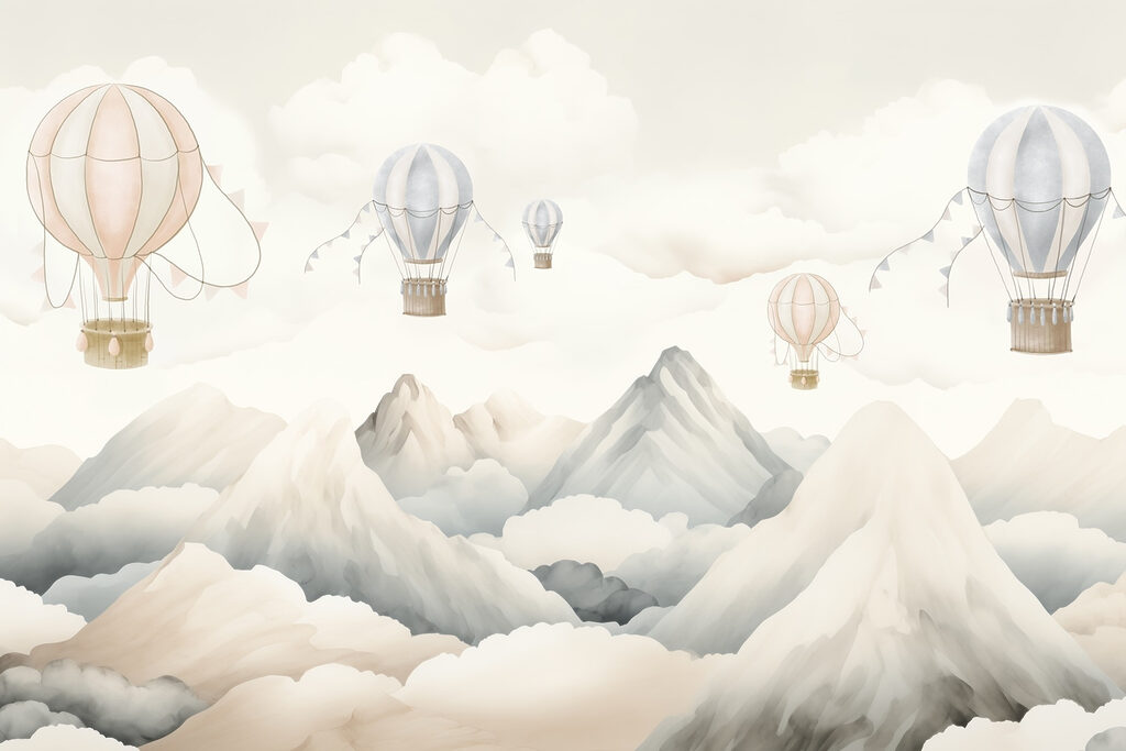 Group of hot air balloons in the sky above mountains Group of hot air balloons in the sky above mountains