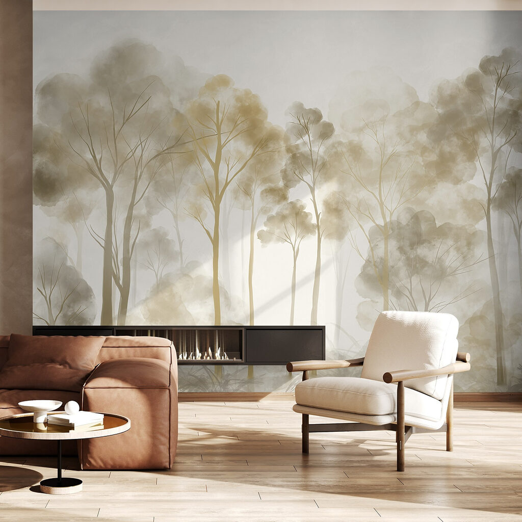 Group of trees in a foggy forest