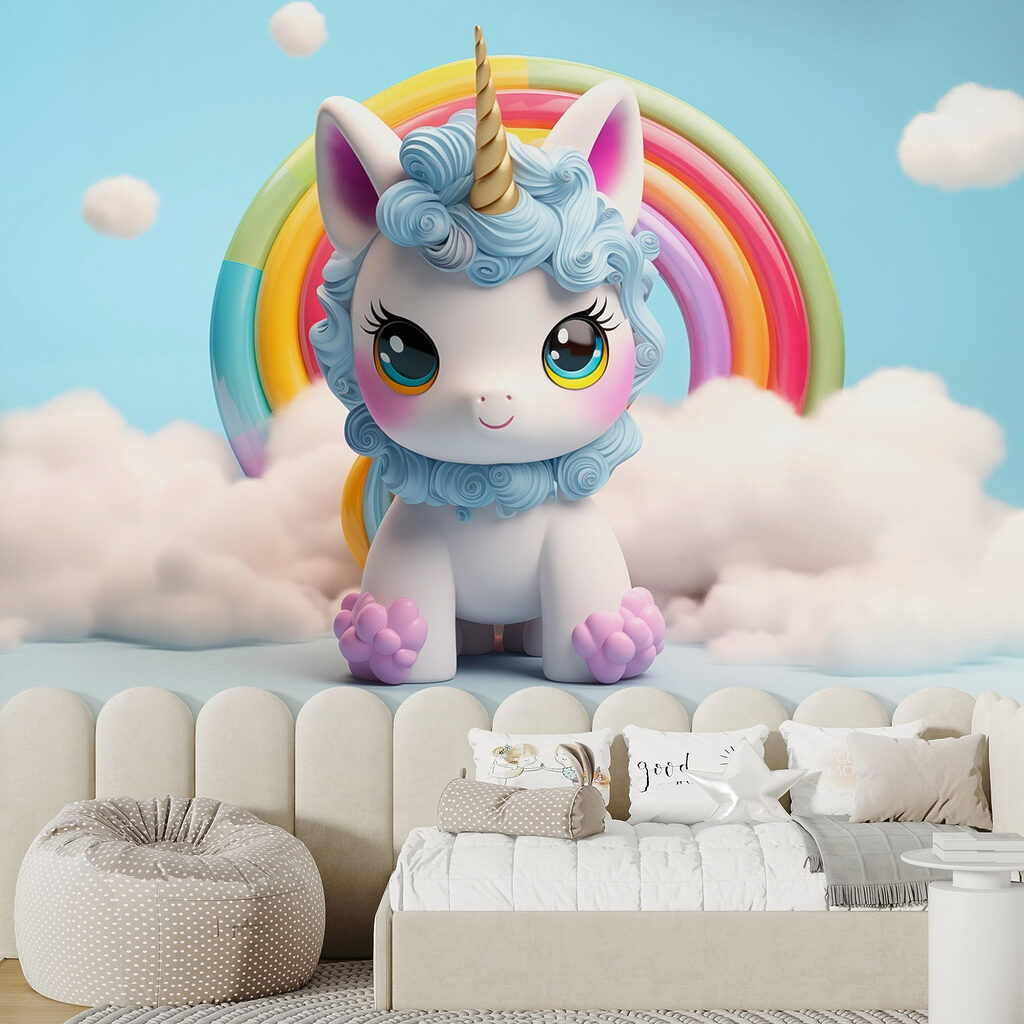 Toy unicorn with a rainbow in the background Toy unicorn with a rainbow in the background