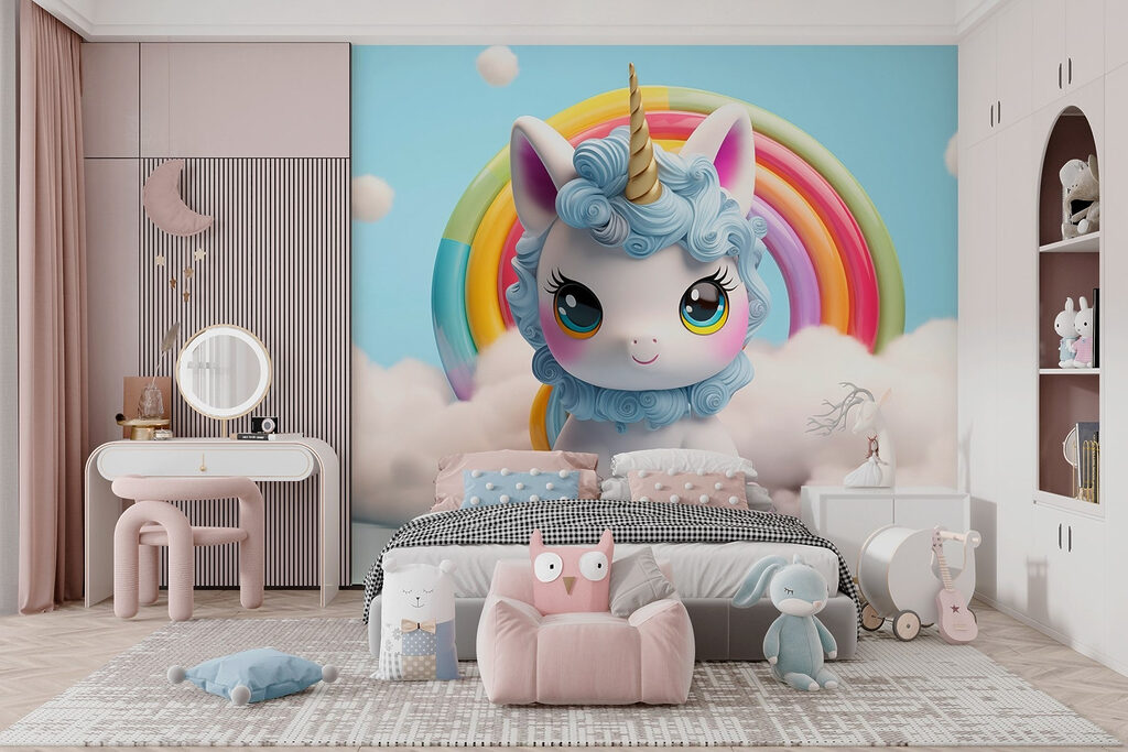 Toy unicorn with a rainbow in the background Toy unicorn with a rainbow in the background