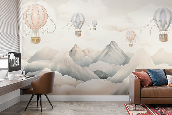 Group of hot air balloons in the sky above mountains Group of hot air balloons in the sky above mountains