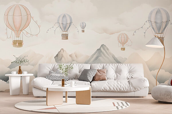 Group of hot air balloons in the sky above mountains Group of hot air balloons in the sky above mountains