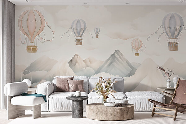Group of hot air balloons in the sky above mountains Group of hot air balloons in the sky above mountains