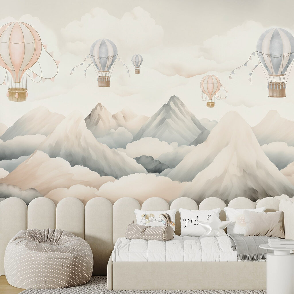 Group of hot air balloons in the sky above mountains