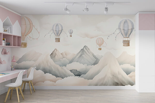 Group of hot air balloons in the sky above mountains Group of hot air balloons in the sky above mountains