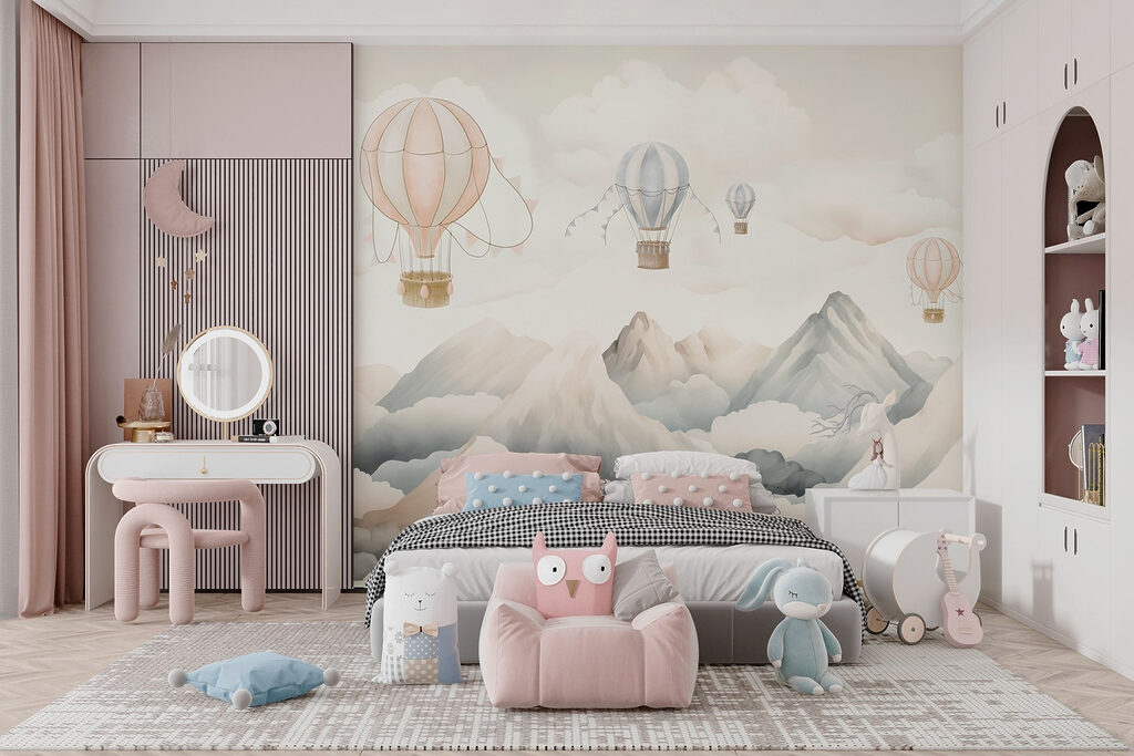 Group of hot air balloons in the sky above mountains