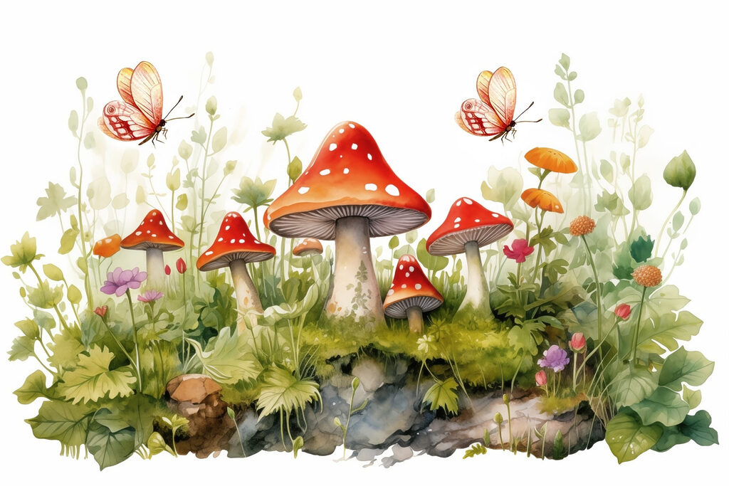 Painting of mushrooms and butterflies
