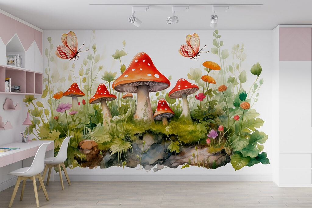 Painting of mushrooms and butterflies