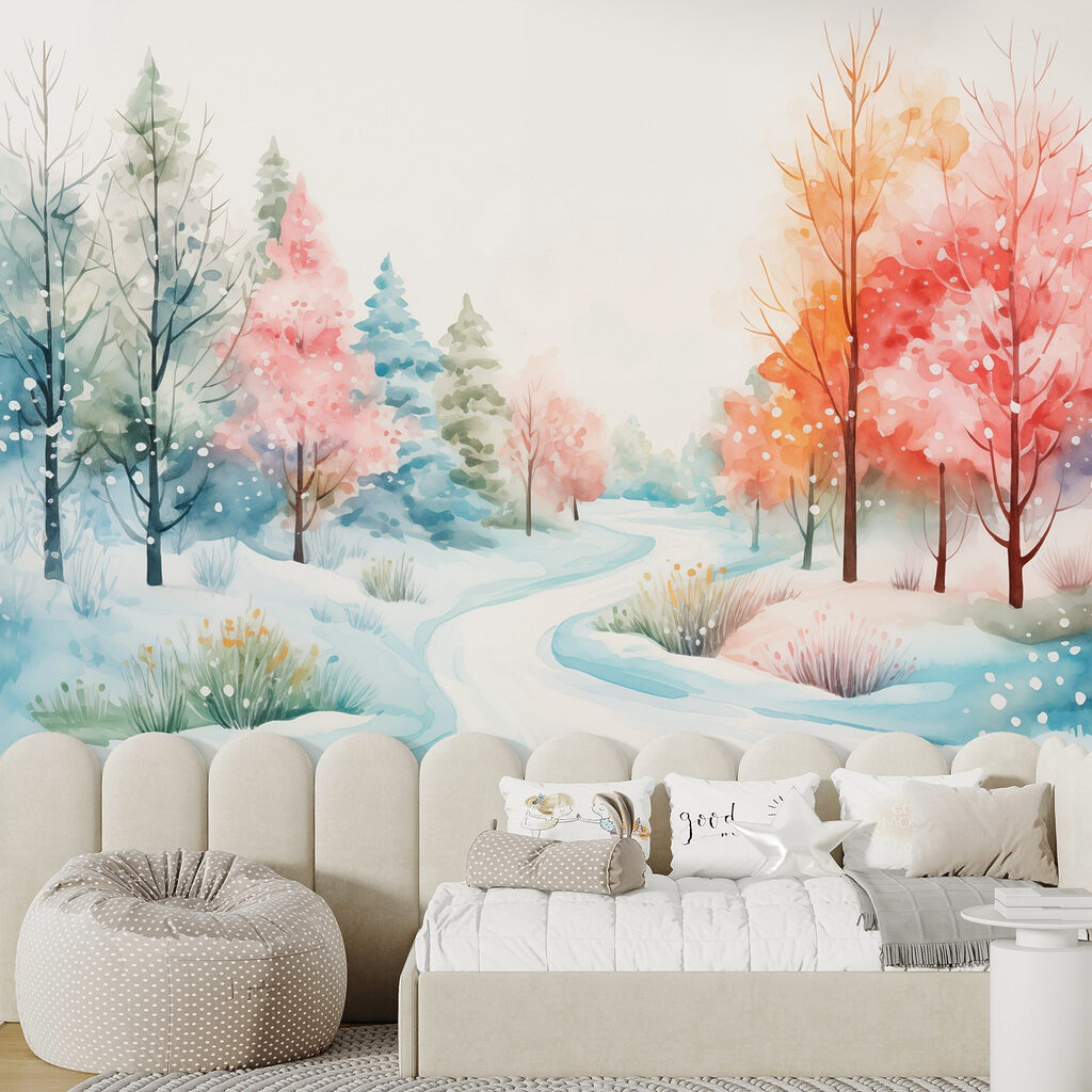 Watercolor painting of a snowy road with trees