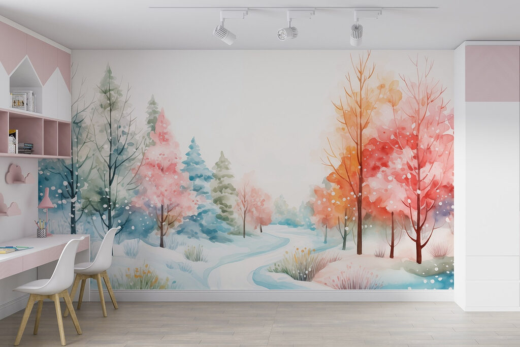 Watercolor painting of a snowy road with trees