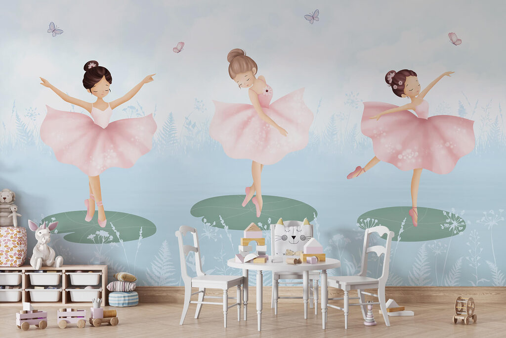 Group of girls in pink tutu dancing on lily pads