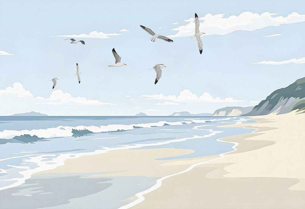 Beach with birds flying over it