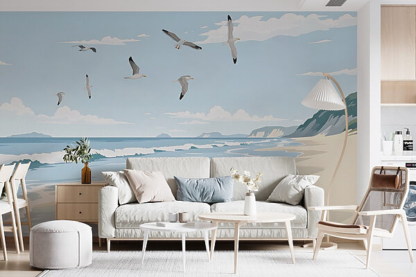 Beach with birds flying over it Wall murals Beach with birds flying over it