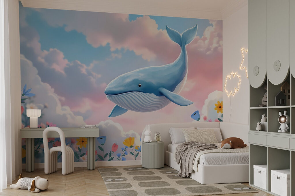 Whale flying over flowers Whale flying over flowers