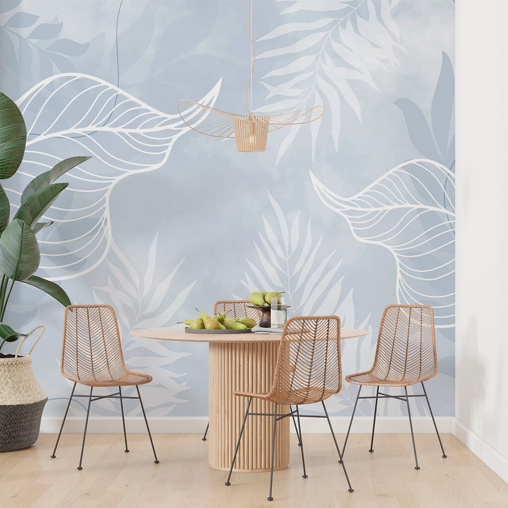 White leaves on a blue background