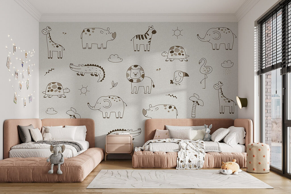 Group of animals drawn on a white surface Group of animals drawn on a white surface