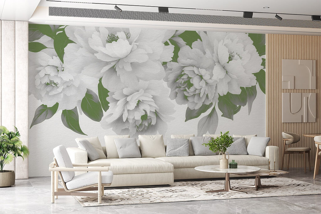 Group of white flowers with green leaves Group of white flowers with green leaves