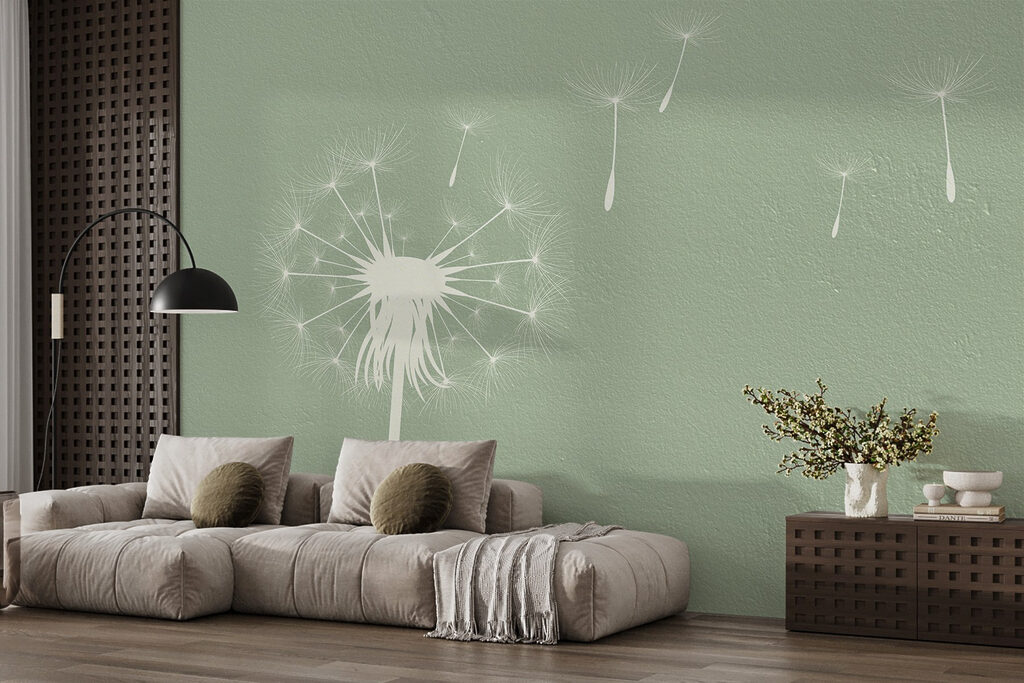 Dandelion seeds flying in the air