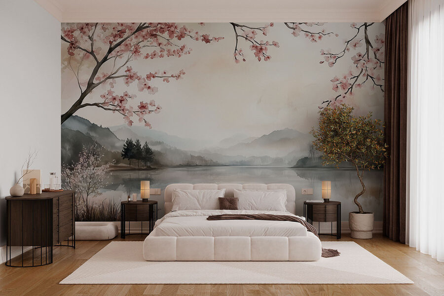 Watercolor painting of a lake with trees and mountains Watercolor painting of a lake with trees and mountains