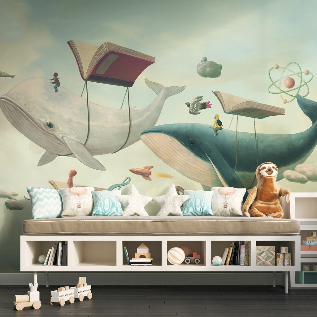 Whale and whale with books and a book on them