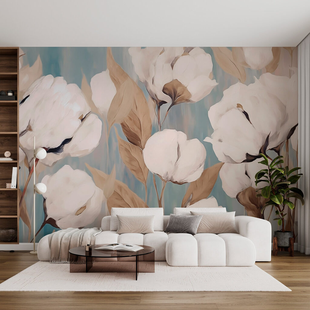 Painting of white flowers and brown leaves