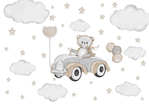 Teddy bear driving a car with balloons Teddy bear driving a car with balloons